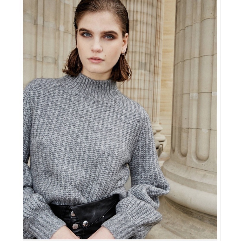 The Kooples | Mockneck Sweater Size 3/L Gray Merino Wool Balloon Sleeve L41213‎
